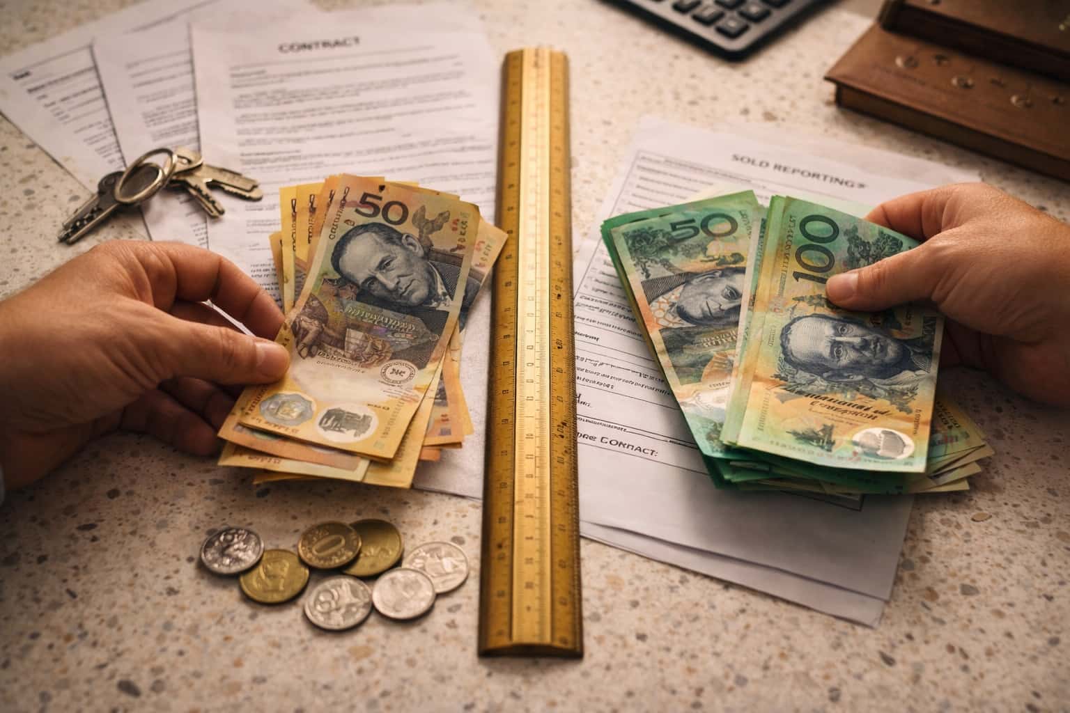 Creative editorial image of Australian money and paperwork on a kitchen bench showing commission being divided and considered