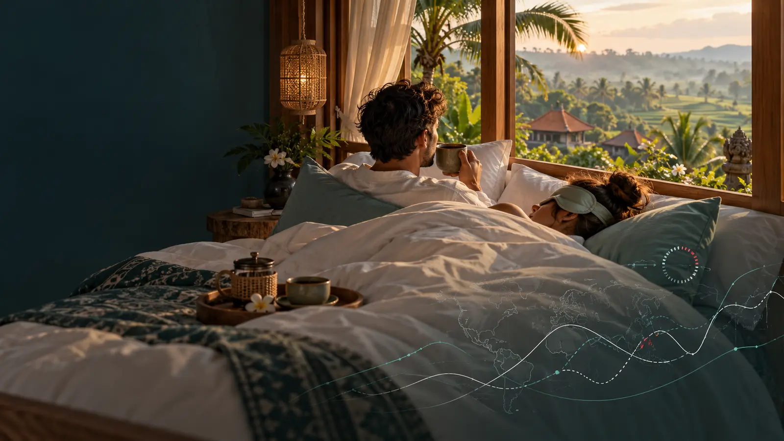 Editorial illustration of fictional buyers relaxing in a Bali hotel, with abstract global-market graphics; not actual market data.