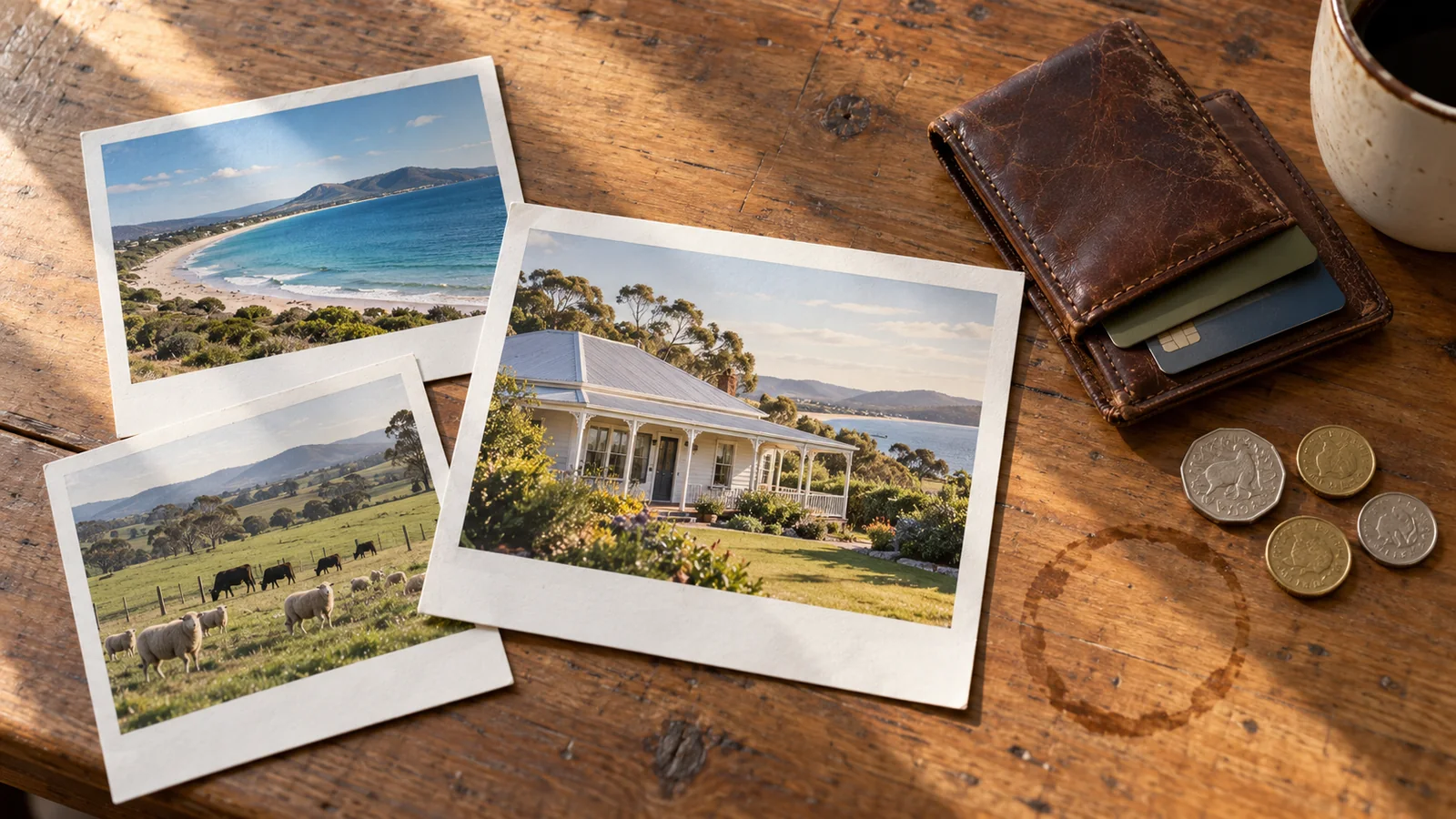 Editorial illustration of instant photos of a dream home, coastal bay and farm beside a wallet, coins and coffee ring on a kitchen table.
